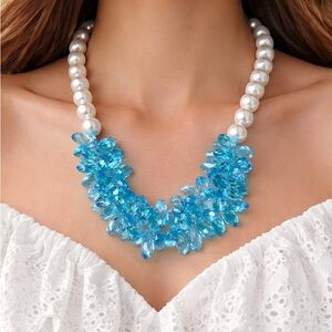 Starlight Cascade Necklace with Aqua Blue Crystal Cluster - Women